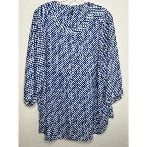 NYDJ Top Womens 1X Pintuck Pleat Back Blue Geometric Print Office Career Popover